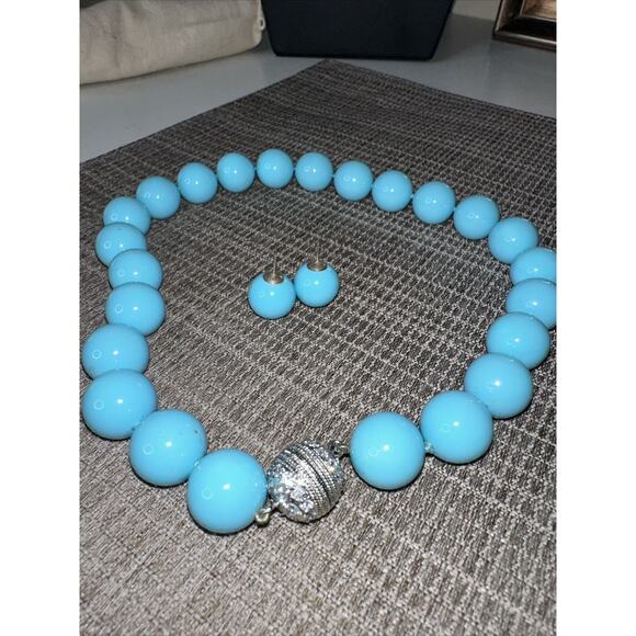 Set Turquoise Colored Lucite Bead Necklace Earrings Rhinestone Bead Closure - Picture 5 of 9